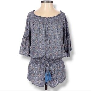 Olivaceous Romper Size S Off The Shoulder Tie Waist Tassels Shorts Micro Print